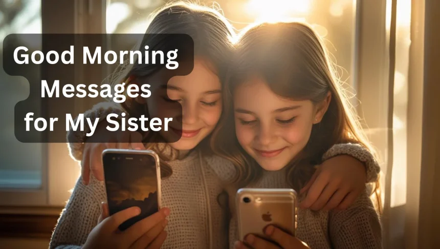 Two sisters sharing good morning messages on phones in golden sunrise light