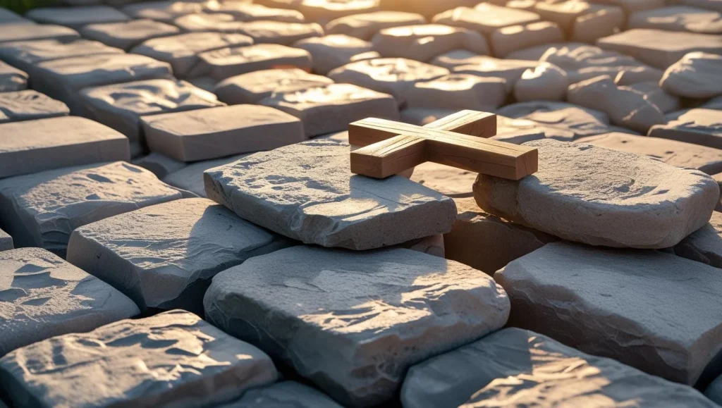 Solid rock foundation with cross representing strong spiritual church foundation