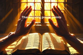 Person praying with thanksgiving prayer points and open Bible with golden light