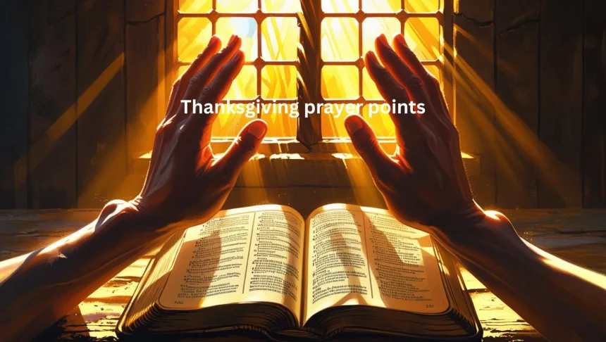 Person praying with thanksgiving prayer points and open Bible with golden light