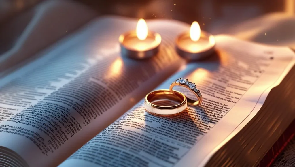 Traditional wedding anniversary prayers with Bible and wedding rings