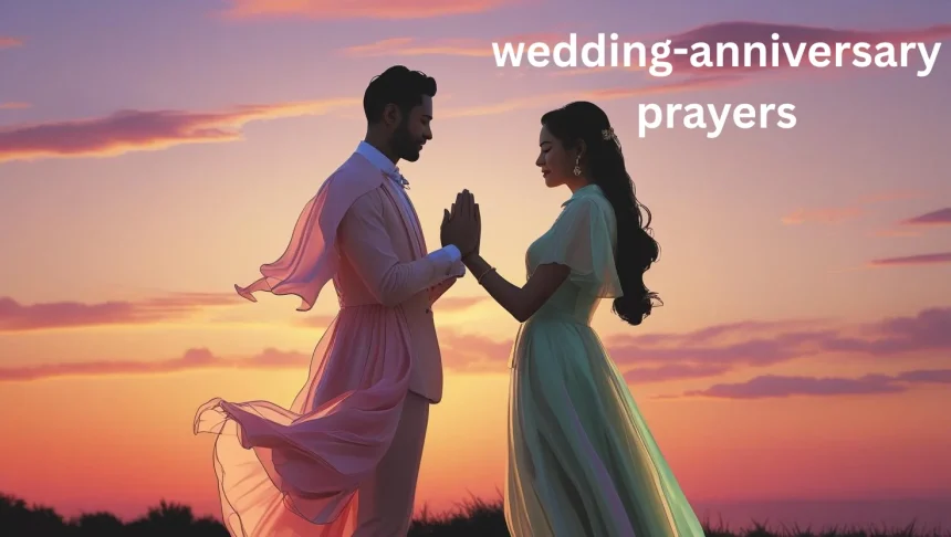 Couple praying together on wedding anniversary celebrating divine blessings