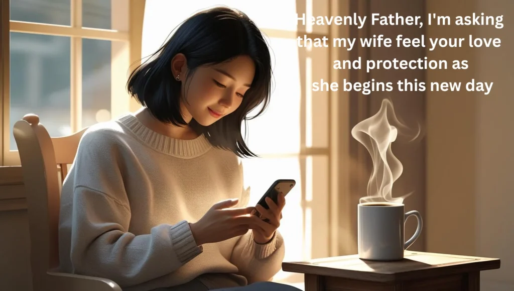 Woman reading good morning prayer message on phone peaceful morning coffee scene