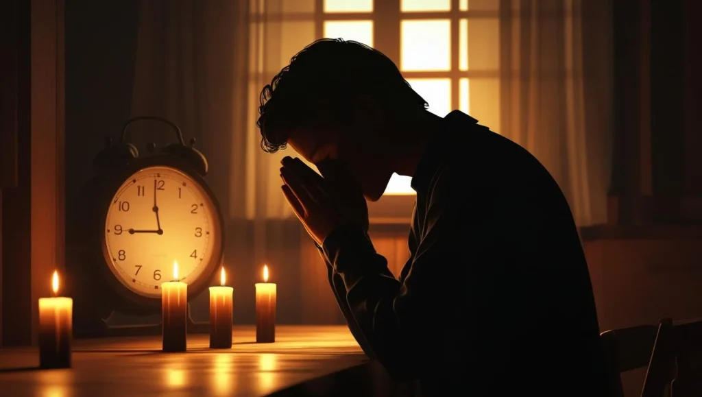 Person praying at 3AM for financial breakthrough in quiet midnight hour with clock and moonlight