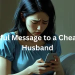 Sad woman sitting on bed reading phone message