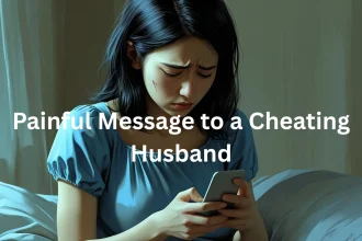 Sad woman sitting on bed reading phone message