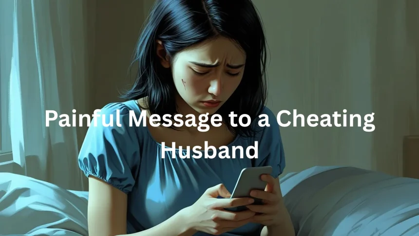 Sad woman sitting on bed reading phone message