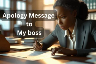 Professional employee writing apology message to boss at office desk