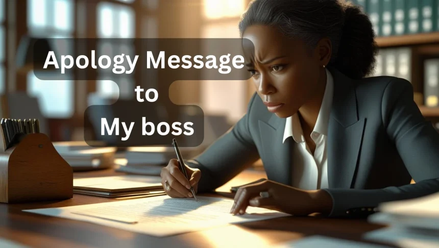 Professional employee writing apology message to boss at office desk