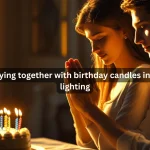 Couple praying together on girlfriend's birthday with candles romantic lighting