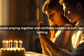 Couple praying together on girlfriend's birthday with candles romantic lighting
