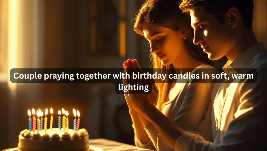 Couple praying together on girlfriend's birthday with candles romantic lighting