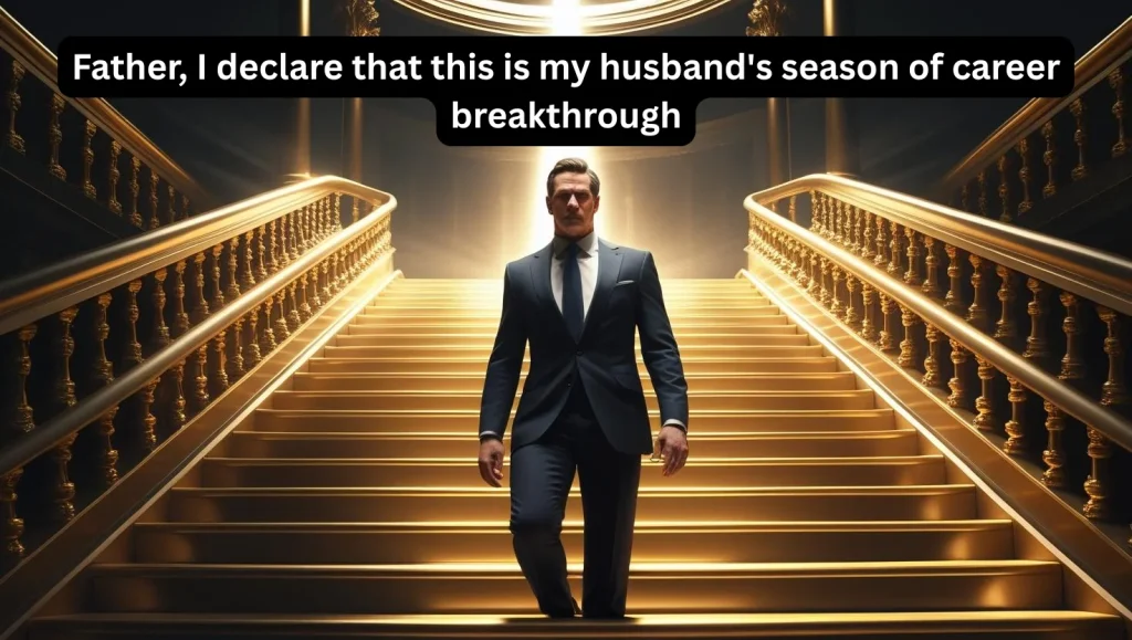 Professional man climbing stairs toward bright light representing career breakthrough and promotion through prayer