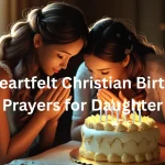 Christian mother and daughter praying together on birthday with cake and candles