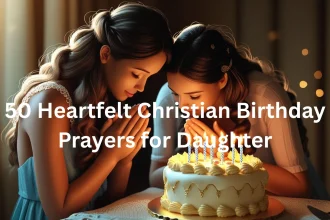 Christian mother and daughter praying together on birthday with cake and candles