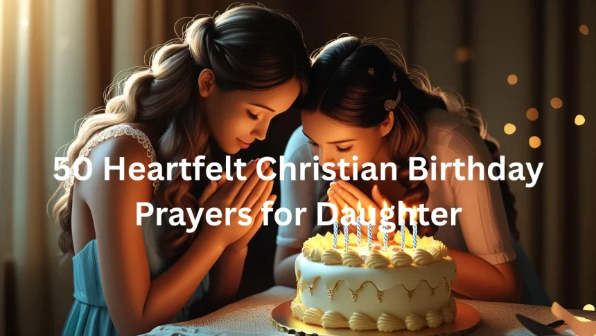 Christian mother and daughter praying together on birthday with cake and candles