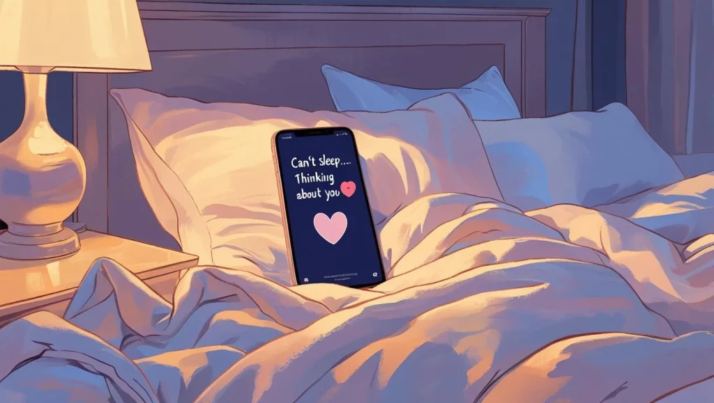 Cute flirty text for him at night beside pillow and lamp