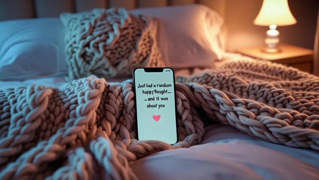 Innocent flirty message for him shown on phone in cozy setting