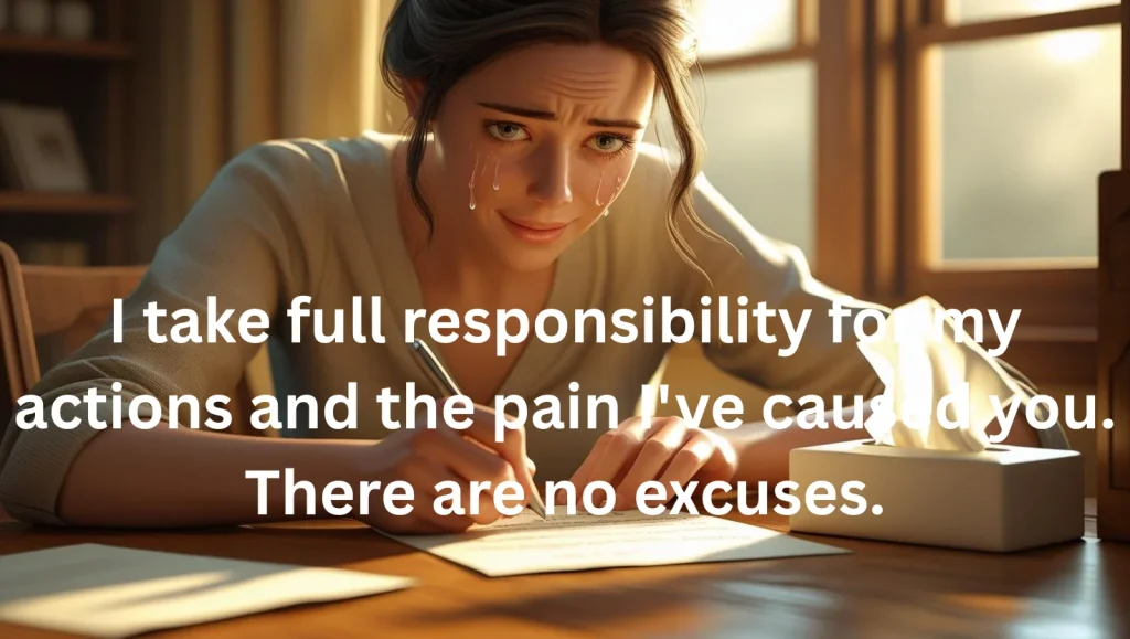 Person writing sincere apology letter with emotional expression showing genuine remorse
