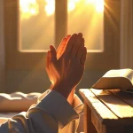 Woman praying good morning prayer for husband with Bible and sunrise