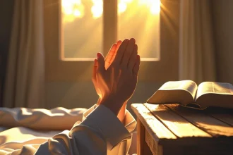 Woman praying good morning prayer for husband with Bible and sunrise