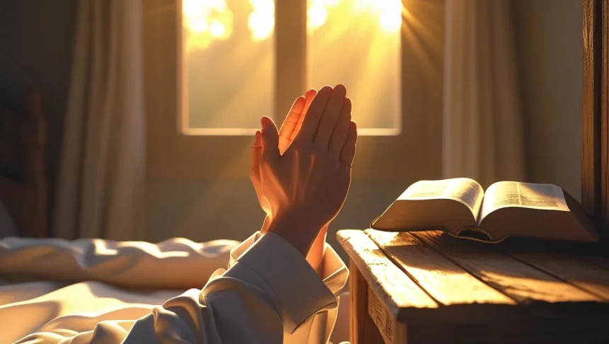 Woman praying good morning prayer for husband with Bible and sunrise