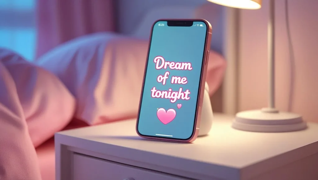 Cute goodnight flirty text message for him on phone screen in bed