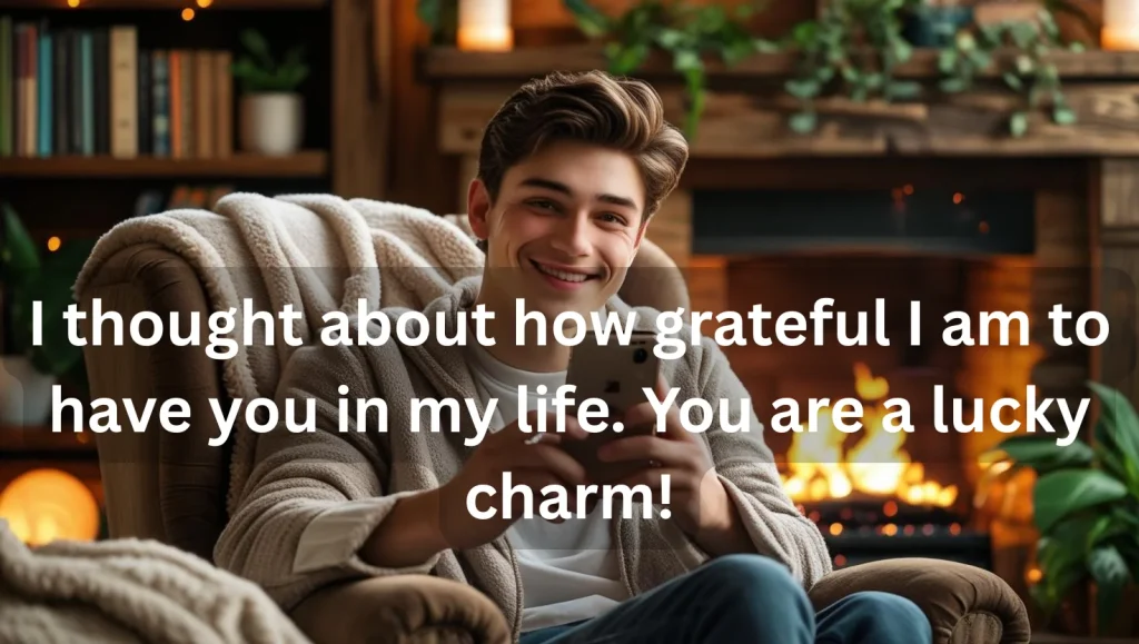 Man blushing while reading a flirty message on phone