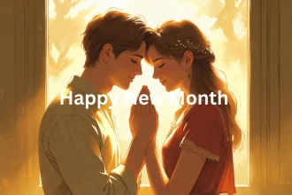 Happy couple praying together for new month blessings in romantic setting