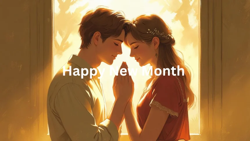 Happy couple praying together for new month blessings in romantic setting