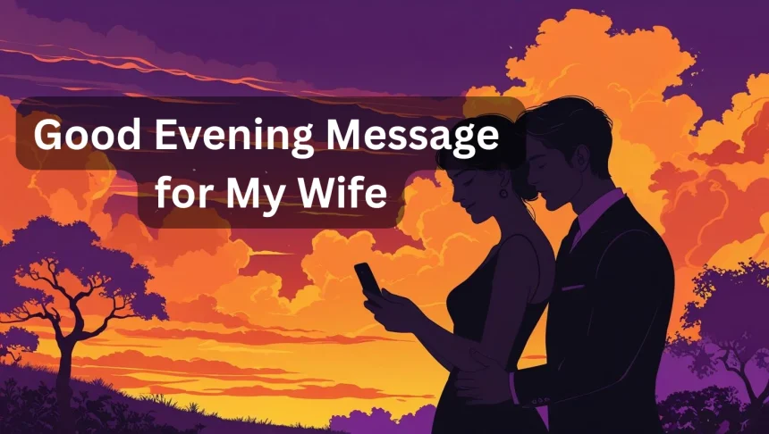 Couple watching sunset while woman reads romantic good evening message on phone