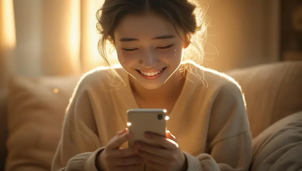 Woman moved to happy tears while reading heartfelt apology message on smartphone