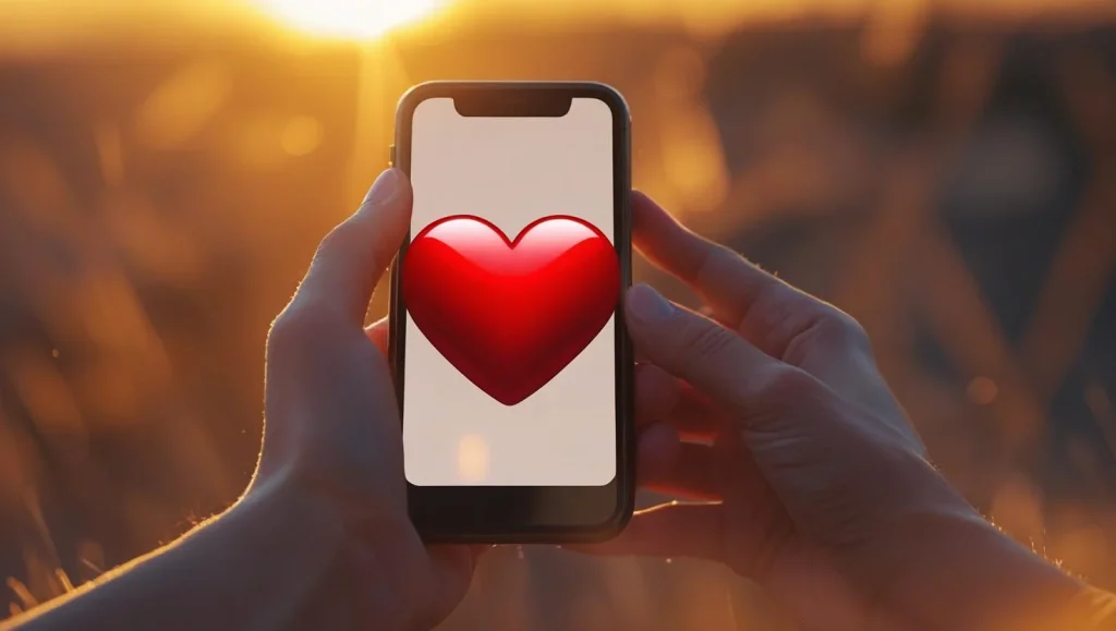 Woman's hands holding smartphone with romantic good evening message and heart emojis