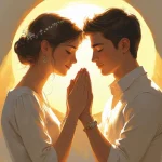 Couple praying together for marriage breakthrough with divine light