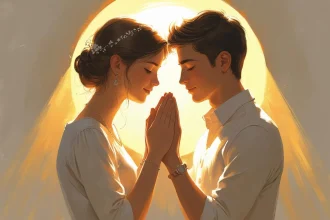 Couple praying together for marriage breakthrough with divine light