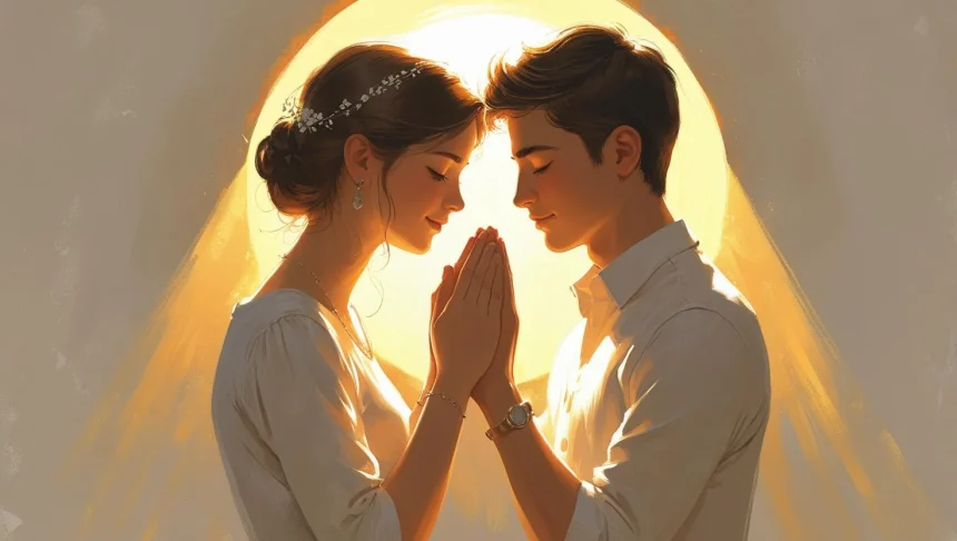 Couple praying together for marriage breakthrough with divine light