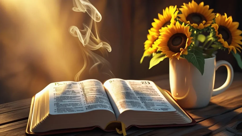 Open Bible with morning coffee flowers good morning prayer devotion