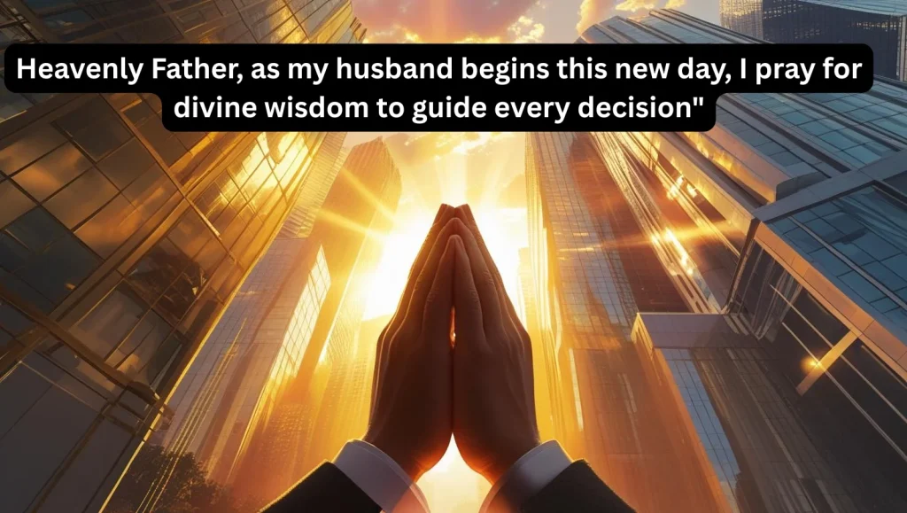 Morning sunrise over business district representing daily prayers for husband's workplace success and divine guidance