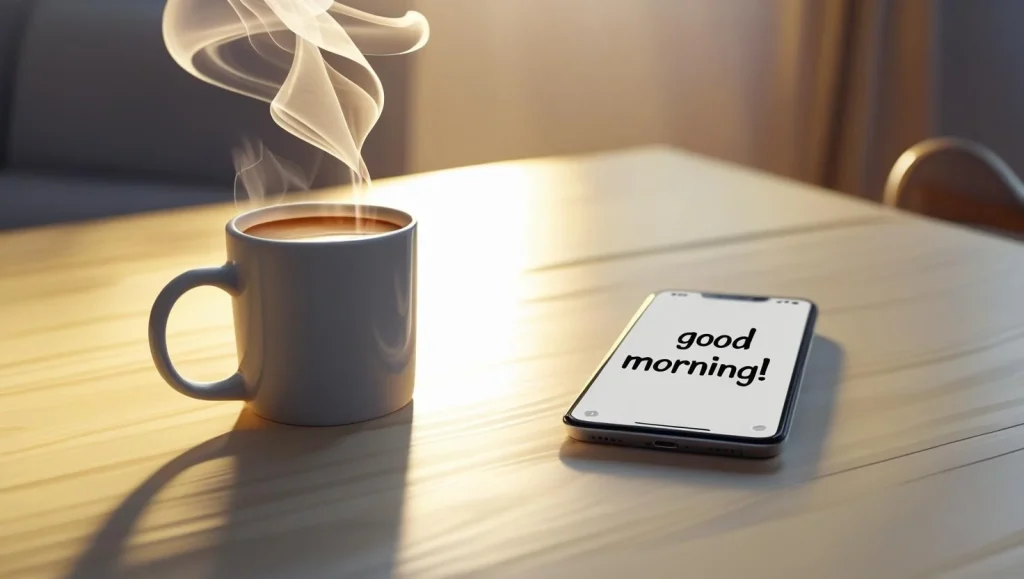 Morning flirty text message for him with coffee cup