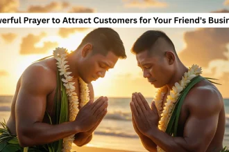 Two friends praying together for business success with divine light and entrepreneurship symbols