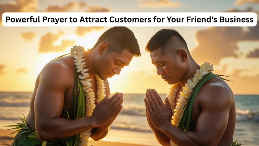 Two friends praying together for business success with divine light and entrepreneurship symbols
