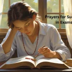 Student praying for success in exams with open books and peaceful expression