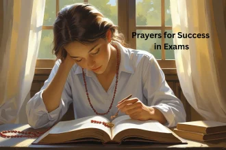Student praying for success in exams with open books and peaceful expression