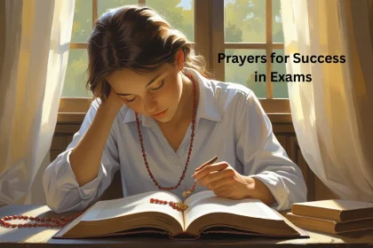 Student praying for success in exams with open books and peaceful expression