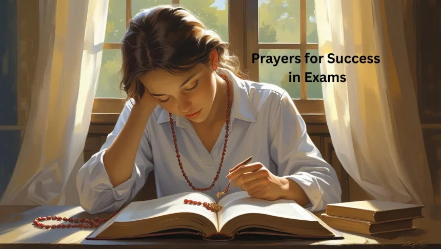 Student praying for success in exams with open books and peaceful expression