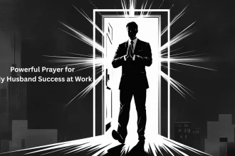 Woman praying for husband's career success with open doors representing workplace opportunities and breakthrough