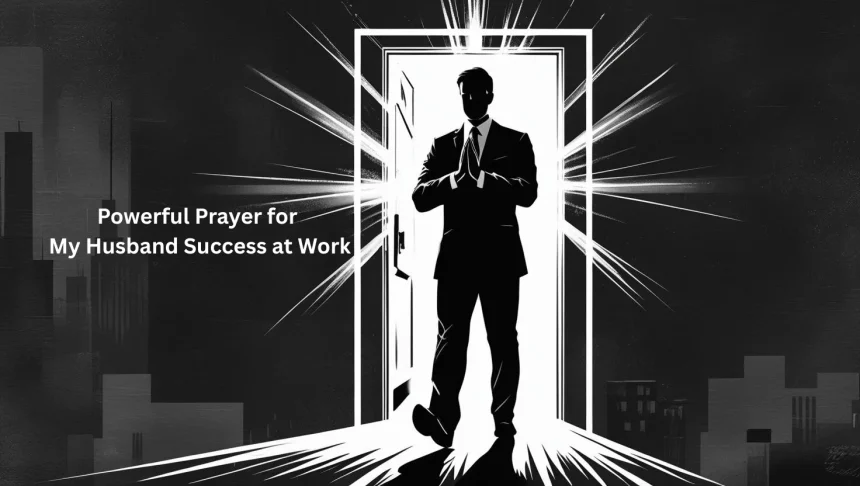 Woman praying for husband's career success with open doors representing workplace opportunities and breakthrough