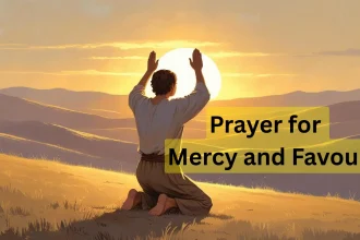 Person praying for mercy and favour at sunrise with biblical light
