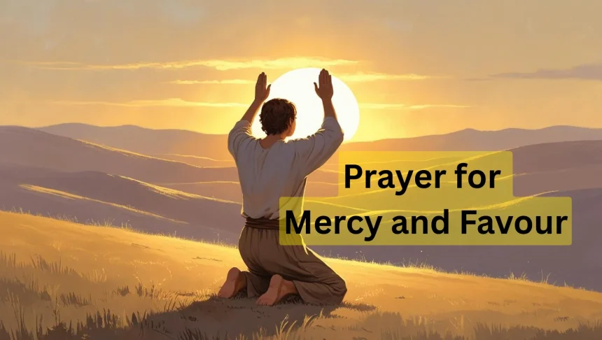 Person praying for mercy and favour at sunrise with biblical light