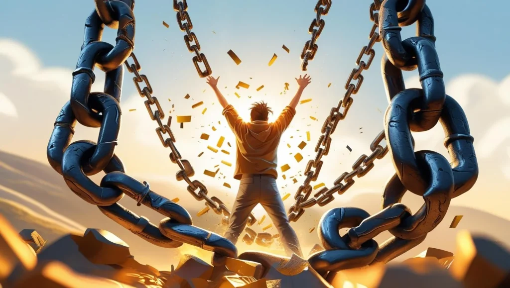Financial chains breaking with golden divine light representing business breakthrough prayer